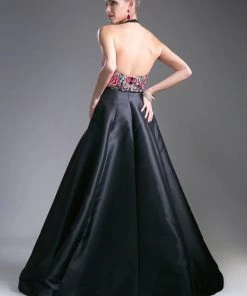 Long Halter Dress With Floral Bodice By Cinderella Divine C80325