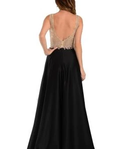 Prom Black Long A Line Gown With Lace Applique Bodice By Poly USA