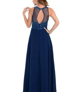 Black Long Chiffon Dress With Lace Applique Top By Poly USA