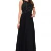 Black Long Chiffon Dress With Lace Applique Top By Poly USA