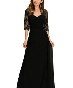 Black Long Chiffon Dress With Lace Sleeves By Poly USA