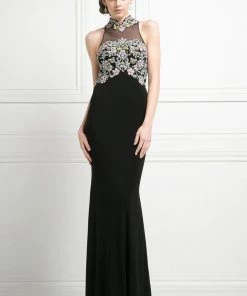 Prom Black Long High Neck Illusion Dress By Cinderella Divine CK43
