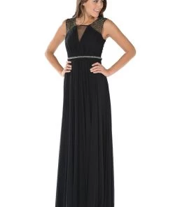 Prom Black Long Ruched Dress With Beaded Sheer Back By Poly USA