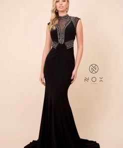 Black Long Sleeveless Beaded Illusion Dress By Nox Anabel 8285