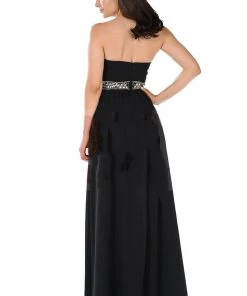 Black Long Strapless Dress With Embellished Waist By Poly USA