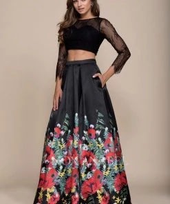 Black Long Two-Piece Dress With Floral Print Skirt By Nox Anabel 8371 Prom