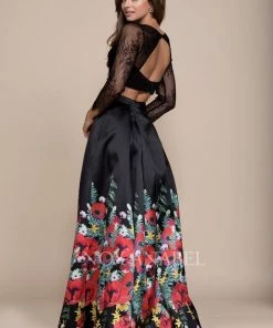 Black Long Two-Piece Dress With Floral Print Skirt By Nox Anabel 8371 Prom