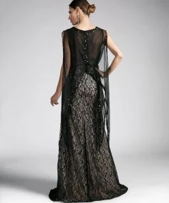 Black Lace Mermaid Gown With Cape By Cinderella Divine 5014