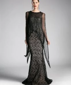 Black Lace Mermaid Gown With Cape By Cinderella Divine 5014