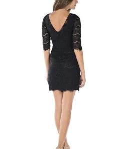 Black Short Bodycon Lace Dress With Mid-Sleeves By Poly USA Prom