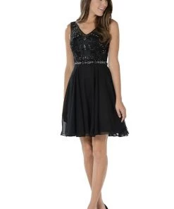 Black Short Chiffon Dress With Beaded Bodice By Poly USA Prom