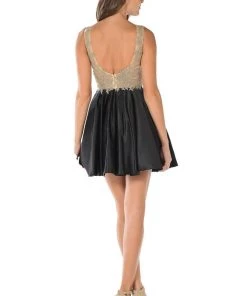 Black Short Dress With Lace Applique Bodice By Poly USA