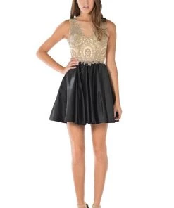Black Short Dress With Lace Applique Bodice By Poly USA