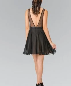 Prom Black Short Illusion Dress With Beaded Lace Top By Elizabeth K GS1466