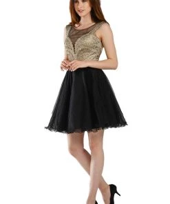 Black Short Illusion Dress With Embroidered Top By Poly USA Prom