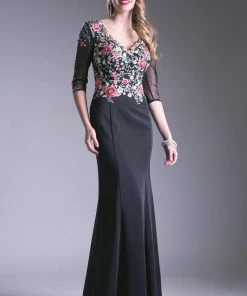 Floral Applique Mid-Sleeve Gown By Cinderella Divine HW08