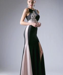 Long Black Sleeveless Dress With Slit By Cinderella Divine CF126 Prom