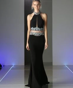 Black Long Two Piece Halter Dress By Cinderella Divine CK29 Prom
