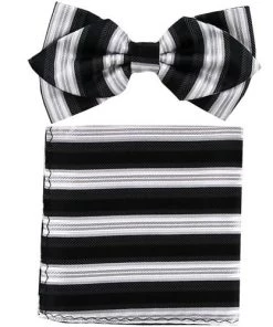 Vesuvio Napoli Black/Silver Striped Bow Tie With Pocket Square (Pointed Tip)