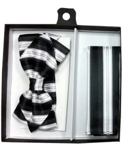 Vesuvio Napoli Black/Silver Striped Bow Tie With Pocket Square (Pointed Tip)