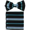 Vesuvio Napoli Men Black/Turquoise Striped Bow Tie With Pocket Square (Pointed Tip)