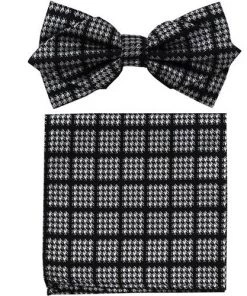 Vesuvio Napoli Black/White Houndstooth Bow Tie With Pocket Square (Pointed Tip) Men