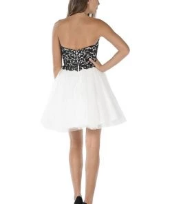 Black/White Short Strapless Dress With Lace Bodice By Poly USA Prom