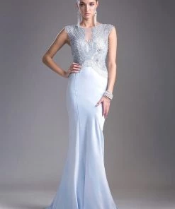 Prom Blue Long Fitted Illusion Satin Dress By Cinderella Divine 5297