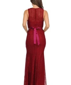 Blue Long Lace Mermaid Dress With Back Bow By Lenovia