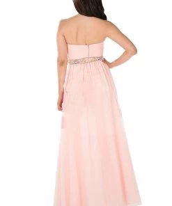 Blue Long Strapless Dress With Embellished Waist By Poly USA Prom