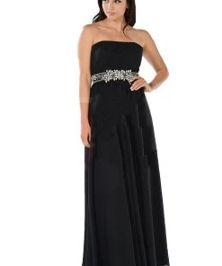 Blue Long Strapless Dress With Embellished Waist By Poly USA Prom