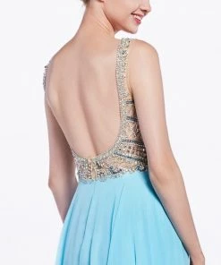 Prom Blue Long V-Neck Chiffon Dress By Cinderella Divine 71190