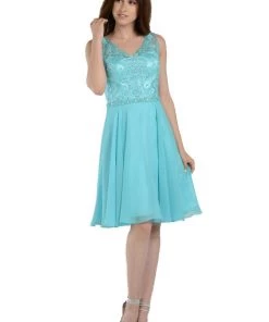 Blue Short Chiffon Dress With Beaded Bodice By Poly USA Prom