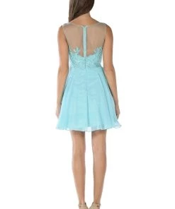 Blue Short Chiffon Dress With Lace Applique Bodice By Poly USA Prom