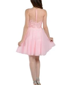 Blue Short Chiffon Dress With Lace Applique Bodice By Poly USA Prom