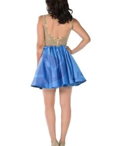 Blue Short Dress With Lace Applique Bodice By Poly USA Prom