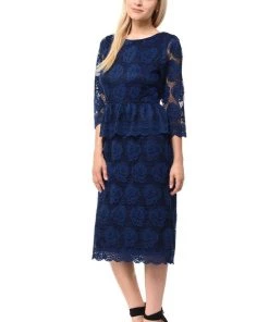 Blue Short Floral Lace Dress With Sleeves By Lenovia Mother Of The Bride Dresses