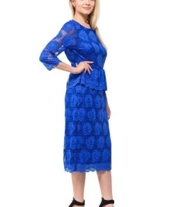 Blue Short Floral Lace Dress With Sleeves By Lenovia Mother Of The Bride Dresses