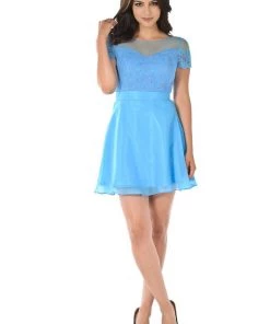 Blue Short Lace Bodice Dress With Short Sleeves By Poly USA