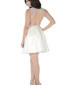 Blue Short Satin Dress With Beaded Bodice By Poly USA