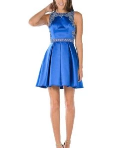 Blue Short Satin Dress With Beaded Bodice By Poly USA