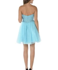 Blue Short Strapless Dress With Lace Bodice By Poly USA