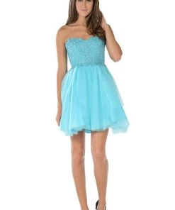 Blue Short Strapless Dress With Lace Bodice By Poly USA