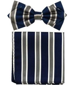 Vesuvio Napoli Blue/Gray Striped Bow Tie With Pocket Square (Pointed Tip) Men