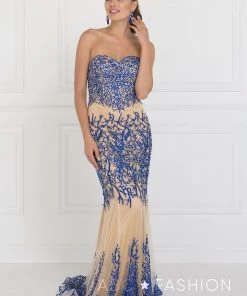 Prom Blue/Nude Strapless Beaded Mermaid Gown By Elizabeth K GL2055