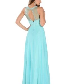 Prom Blush Long Chiffon Dress With Lace Applique Top By Poly USA