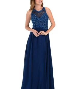 Prom Blush Long Chiffon Dress With Lace Applique Top By Poly USA