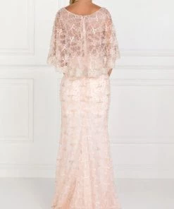 Blush Long Lace Appliqued Dress With Attached Cape By Elizabeth K