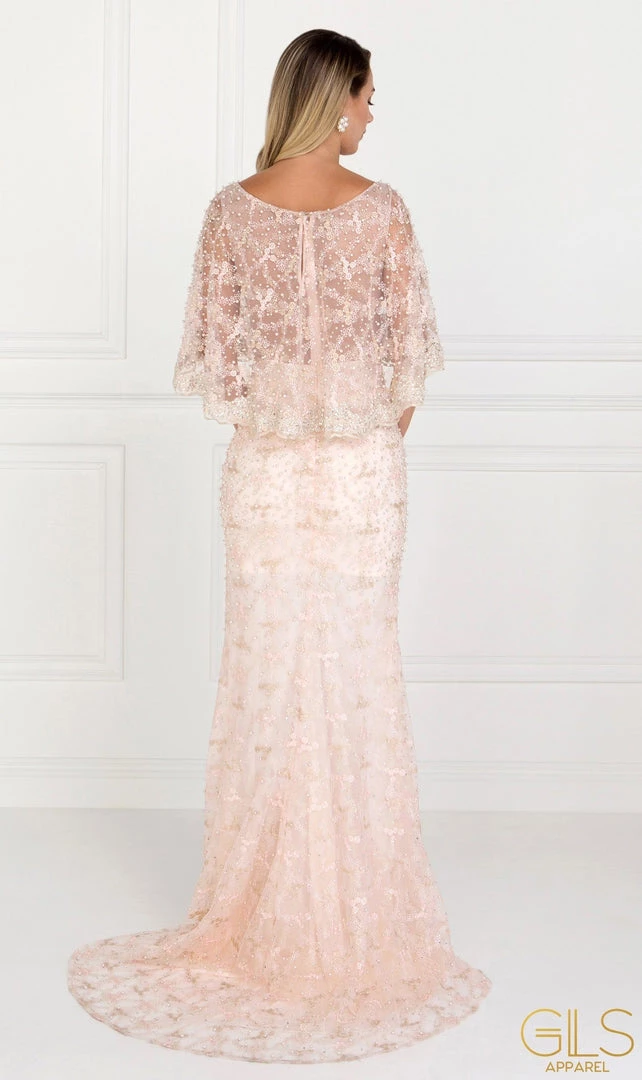Blush Long Lace Appliqued Dress With Attached Cape By Elizabeth K 4 Blush Long Lace Appliqued Dress With Attached Cape By Elizabeth K