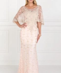 Blush Long Lace Appliqued Dress With Attached Cape By Elizabeth K